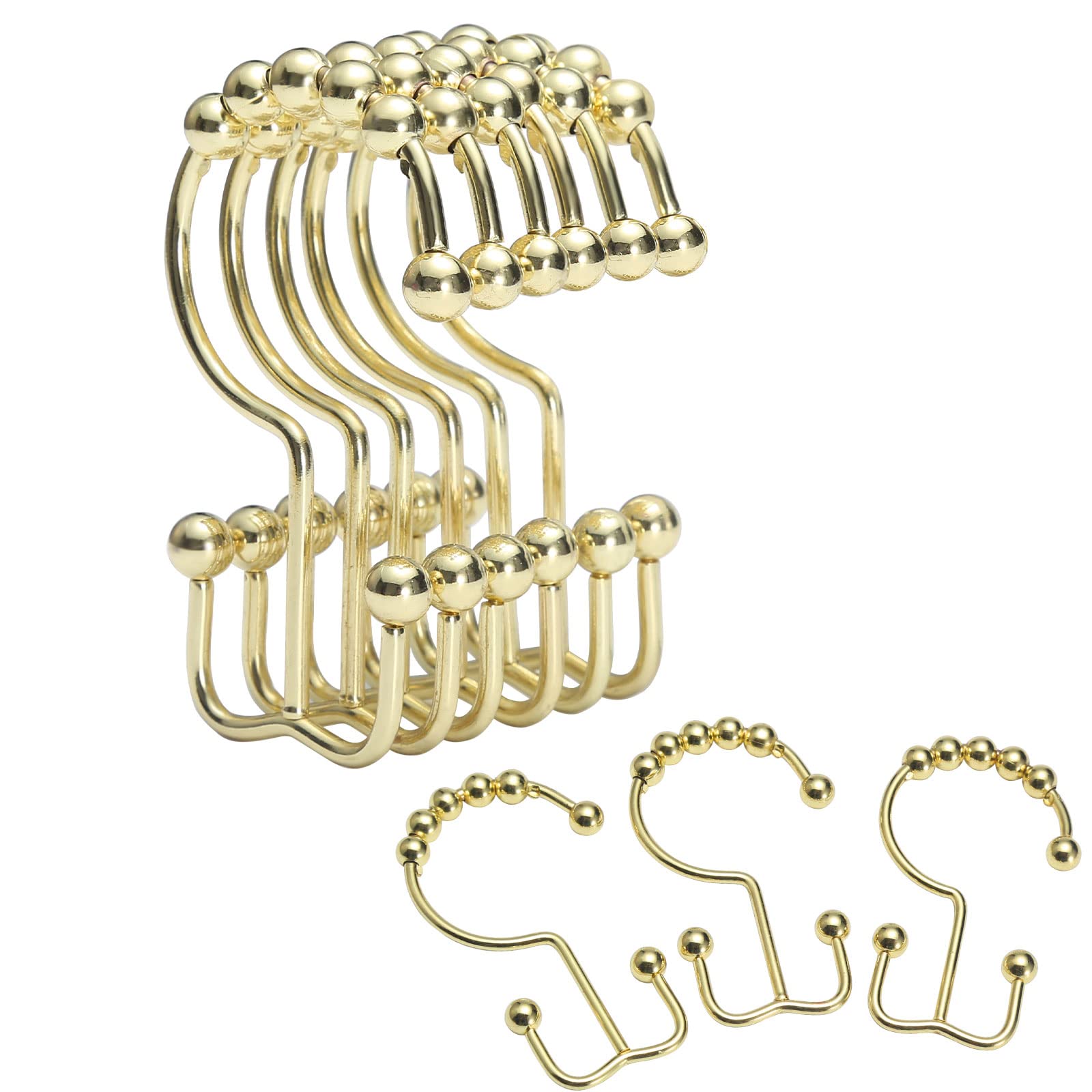 Premium Rust-Resistant Gold Metal Shower Curtain Hooks - Set of 12 Double Hooks for Bathroom Shower Curtain & Liner - Elegant OEH Shower Rings for Spa-Like Bathroom Decor