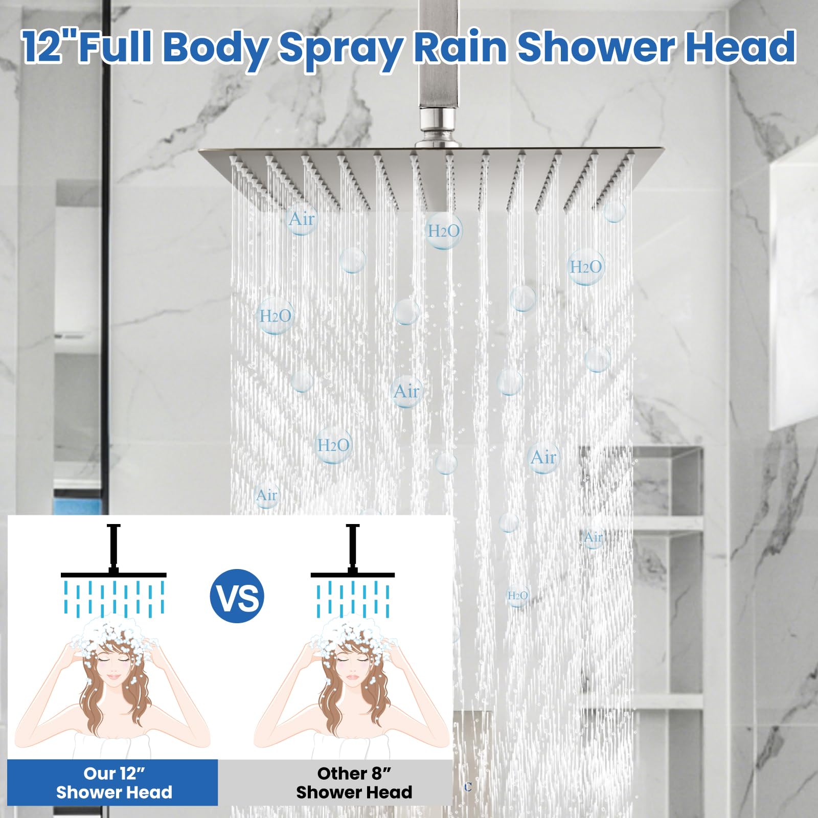 Airuida Brushed Nickel 12 Inch Square Rainfall Shower System - Single Function Ceiling Mount Shower Faucet Set with Male Threads & Rough-in Valve | Perfect for Modern Bathroom Renovations & Spa-Like Shower Experience