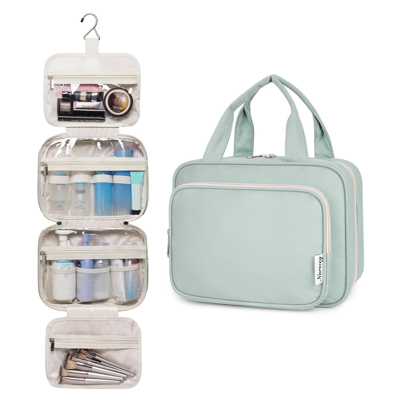 Narwey Hanging Toiletry Bag for Women - Travel Makeup Organizer with Multiple Pockets, Waterproof Cosmetic Bag for Toiletries & Essentials (Mint Green, Medium Size) | Perfect for Vacation, Gym, Camping & Business Trips