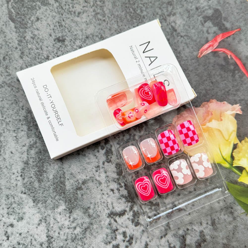 Short Square Press on Nails - Pink French Tips with Rainbow Flower Heart Lattice Design - 24pcs Acrylic Artificial Fake Nails - Perfect for Parties, Weddings, and Daily Wear