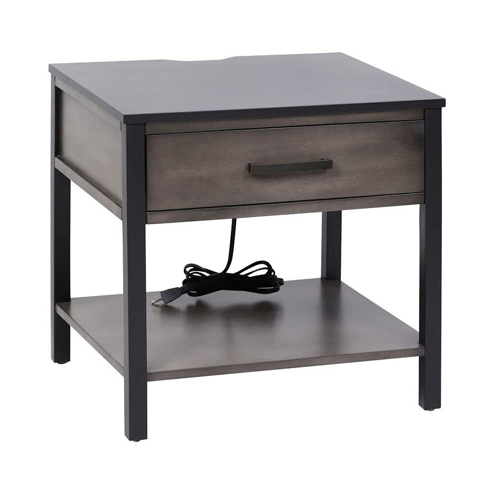 22 Inch Side Table with Power-Smoke Stain Finish - Modern End Table with Charging Station for Living Room, Bedroom & Office - Ramsay Home Decor