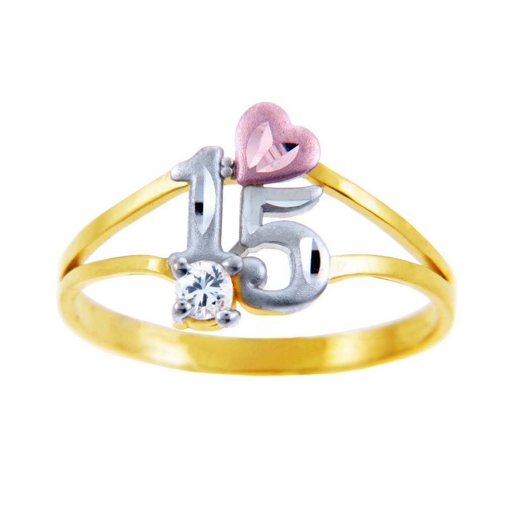 10k Tri-Tone Gold 15th Birthday Quinceañera Ring with Rose Gold Heart & Solitaire CZ Stone - Perfect Sweet 16 Gift for Teen Girls, Birthday Jewelry & Special Occasion Present