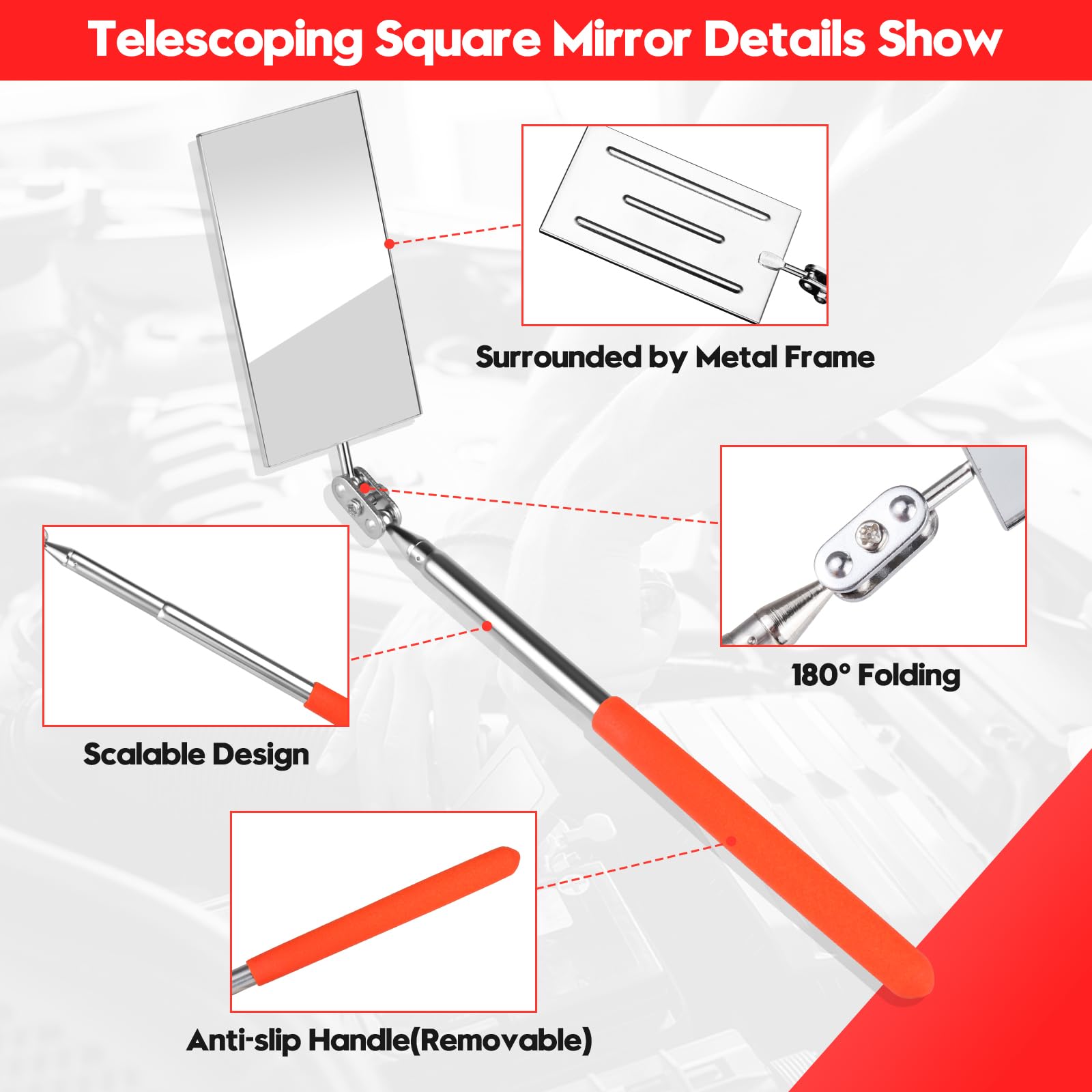 Telescoping Inspection Mirror - Flexible & Extendable Automotive Mirror with Bendable Handle for Vehicle Maintenance, DIY Repairs, and Hard-to-Reach Areas - Perfect Gift for Car Enthusiasts and Mechanics
