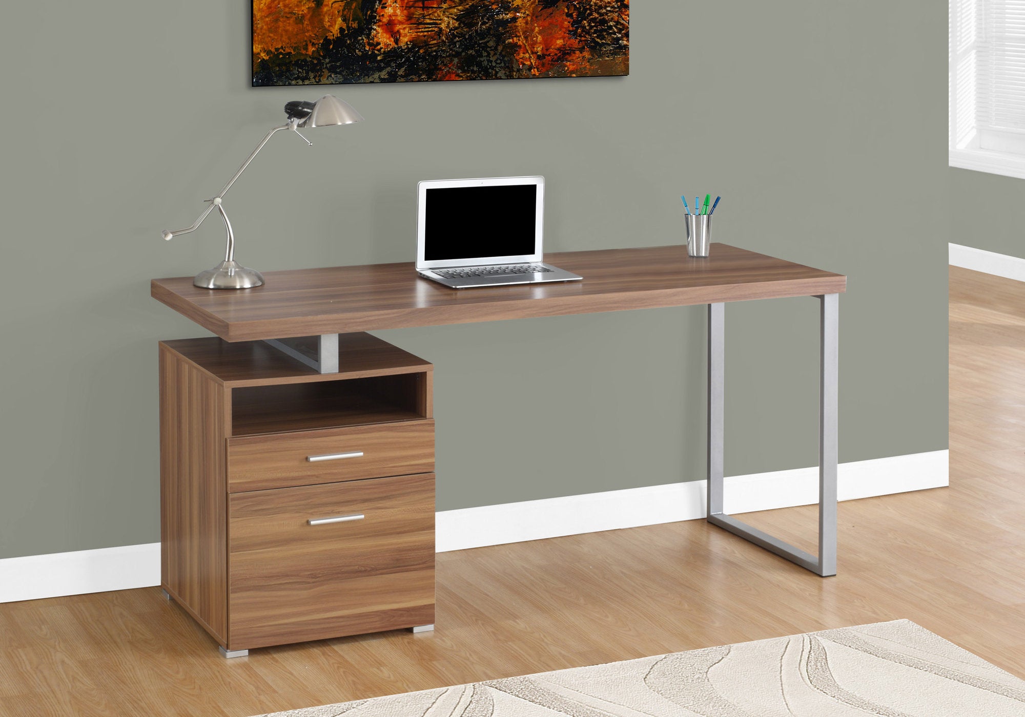 60L Office Series Walnut & Silver Metal Storage Cabinet – Perfect for Home Office, Living Room, and Workspace Organization