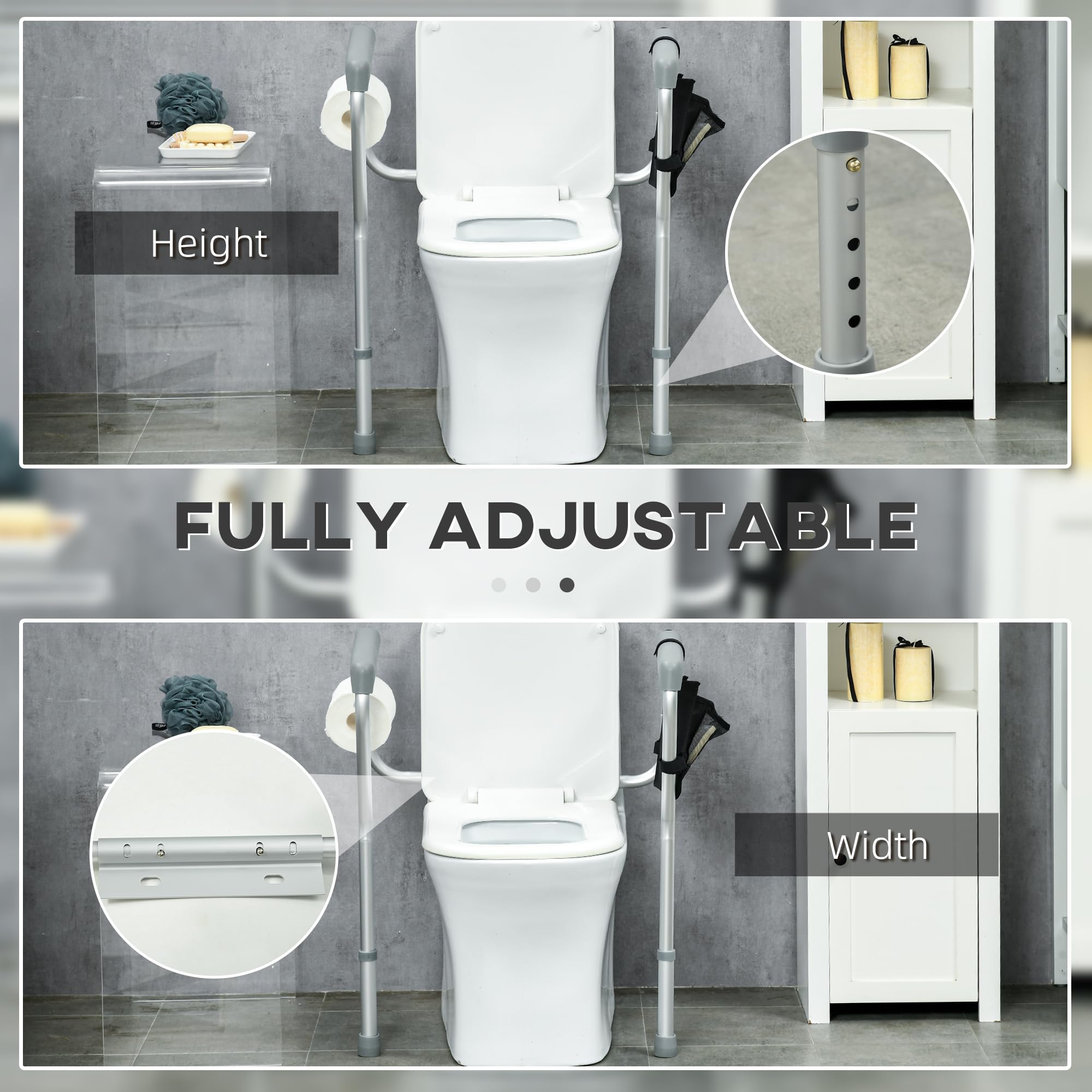 Adjustable Toilet Safety Rail for Elderly - 300lbs Capacity, Height & Width Adjustable with Padded Arms & Storage Pocket - Assist Grab Bar for Seniors - Easy Installation - Ideal for Bathroom Safety & Mobility Support