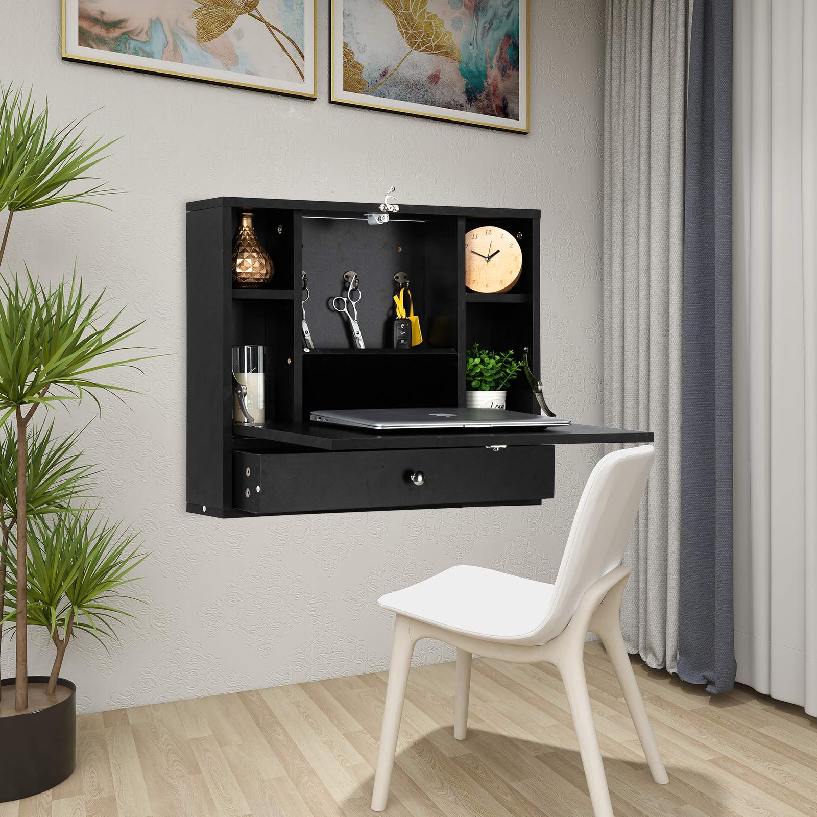 Space Saving Wall Mounted Floating Desk with Storage Drawer & Shelves - Multi-Functional Laptop Workstation for Home Office, Small Spaces & Bedroom (Black) - Perfect for Remote Work, Study & Compact Living Areas