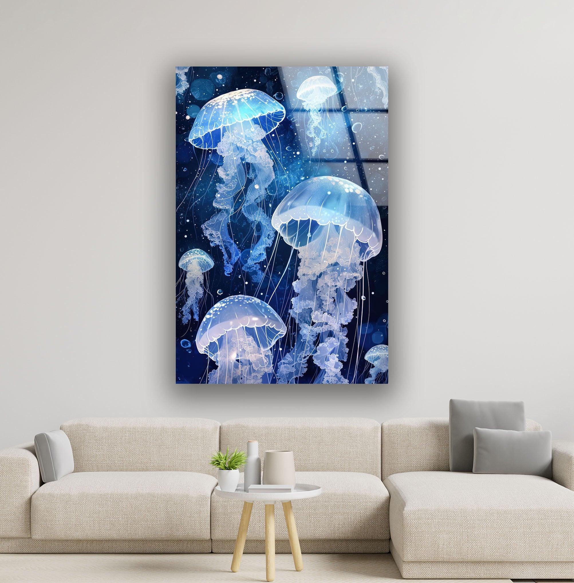 Arctic Jellyfish Glass Wall Art - Handmade Ocean-Themed Home Decor for Living Room, Bedroom & Office - Unique Sea Creature Wall Hanging for Coastal & Modern Interior Design