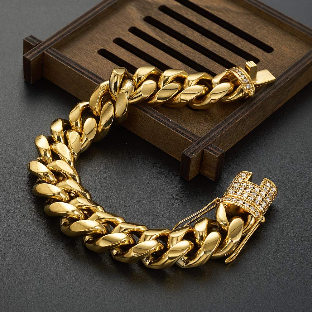 18K Gold Plated Miami Cuban Link Chain for Men - 15mm Stainless Steel Curb Necklace with CZ Diamonds | Hip Hop Jewelry, Gift for Him, Streetwear Accessory (Perfect for Parties, Dates & Special Occasions)