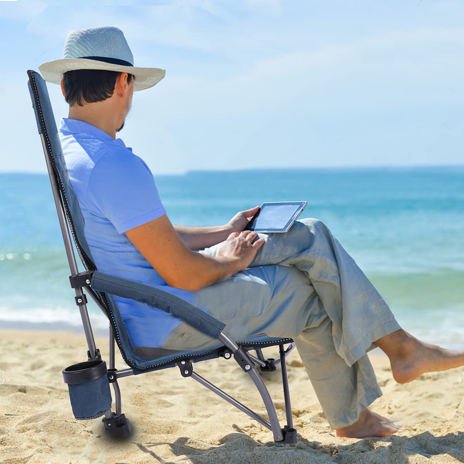 REDCAMP High Back Beach Chairs for Adults 2 Pack - Oversized Folding Low Beach Chairs with Carry Bag, Lightweight Portable for Camping, Backpacking, Concerts & Outdoor Sports (Navy Blue) - Perfect for Beach Vacations, Picnics, Poolside Relaxation and Backyard BBQs