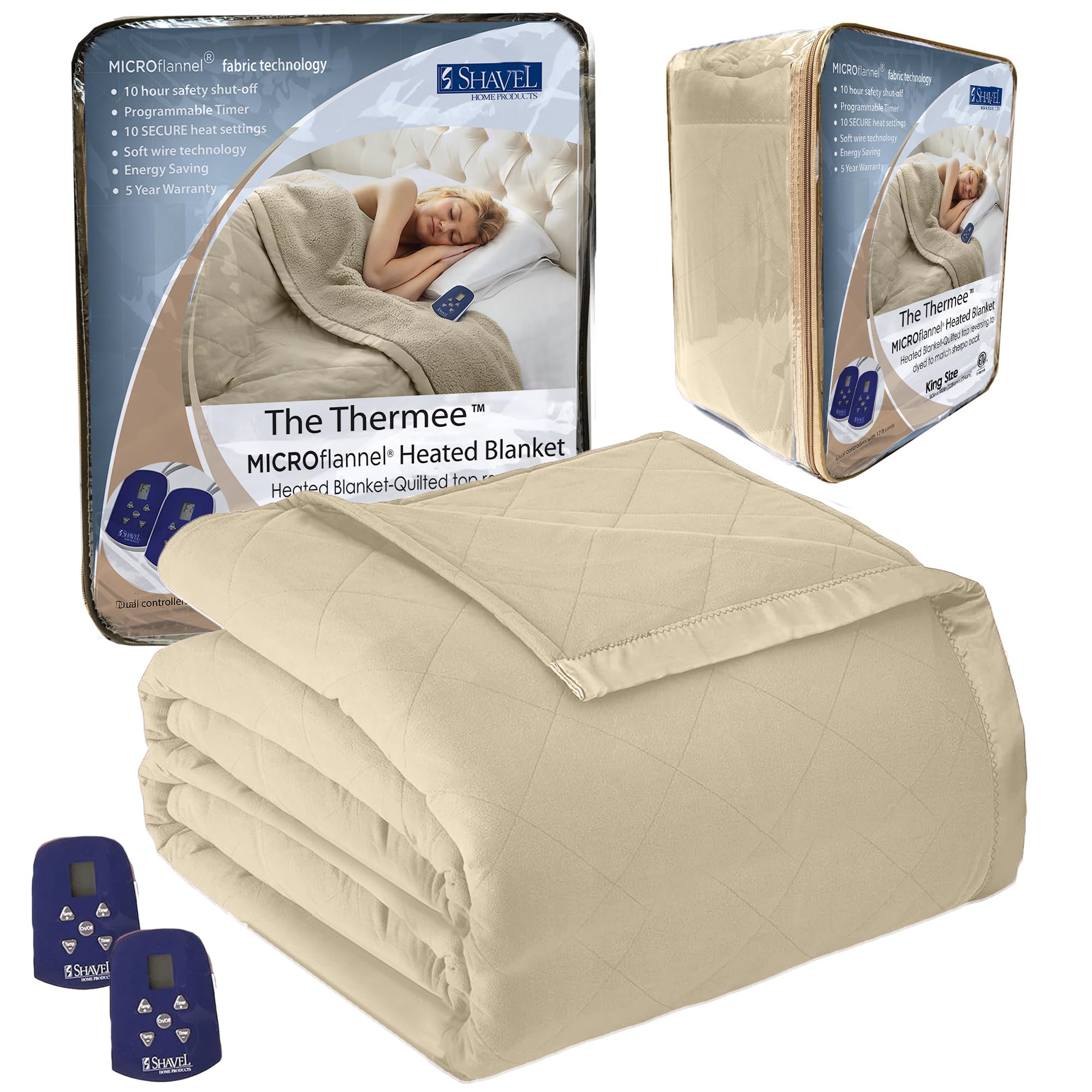 Premium King Size Thermee Micro Flannel Heated Blanket - 10 Heat Settings, Programmable Electric Warming Blanket with Fast Heating Technology | Ultra Soft Luxury Throw for Bed, Couch & Winter Use - Tan