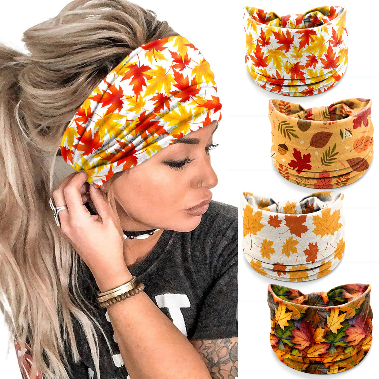 4Pcs Fall Headbands for Women - Thanksgiving Turkey Leaves Hair Bands, Autumn Hair Accessories with Maple Design | Perfect for Thanksgiving, Halloween, Autumn Parties & Seasonal Fashion