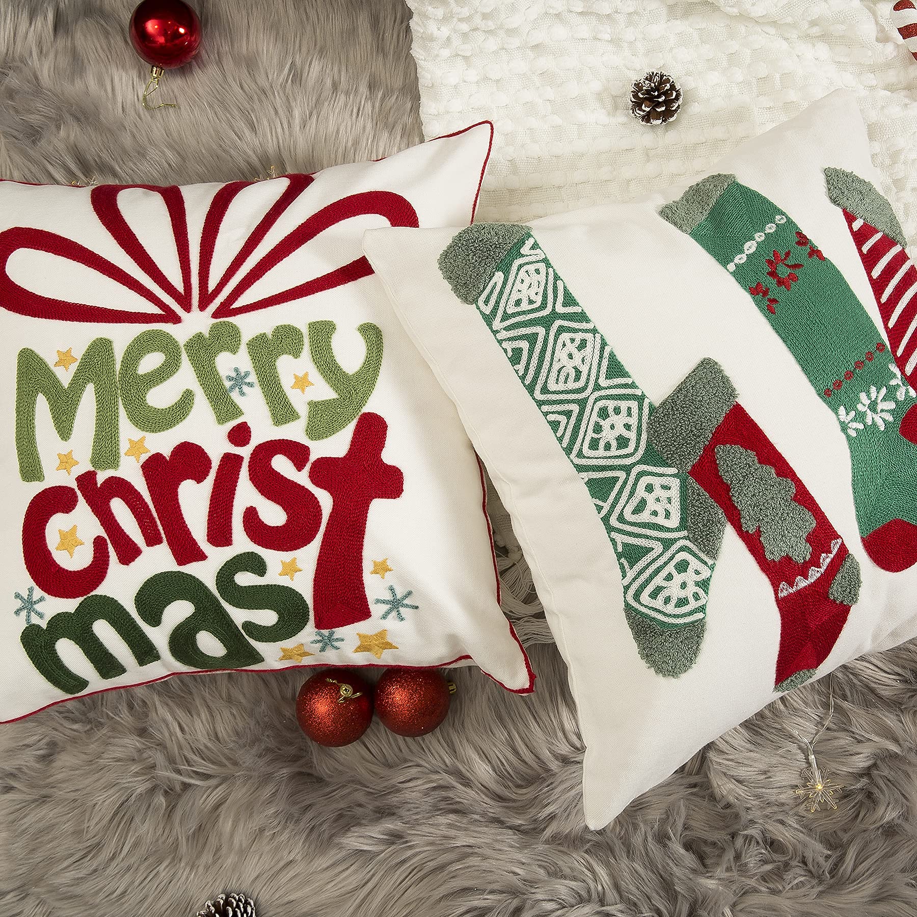 Festive Christmas Pillow Cover Set of 2 - 18x18 Inch Embroidered Cotton Linen Holiday Cushion Covers for Sofa, Living Room - Perfect for Xmas Decor, Winter Home Accents & Cozy Seasonal Styling
