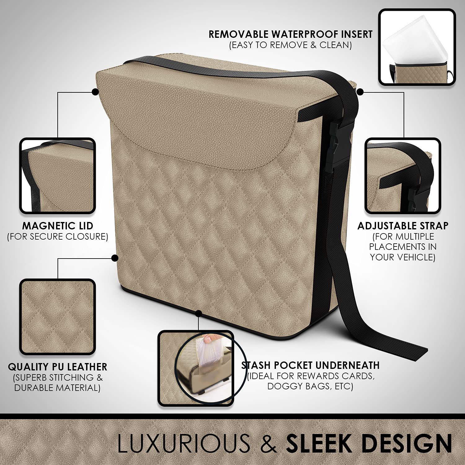 Premium Leather Car Trash Can with Matching Tissue Box Holder - Waterproof & Washable Car Garbage Bag for SUV, Sedan, Road Trips & Office Use