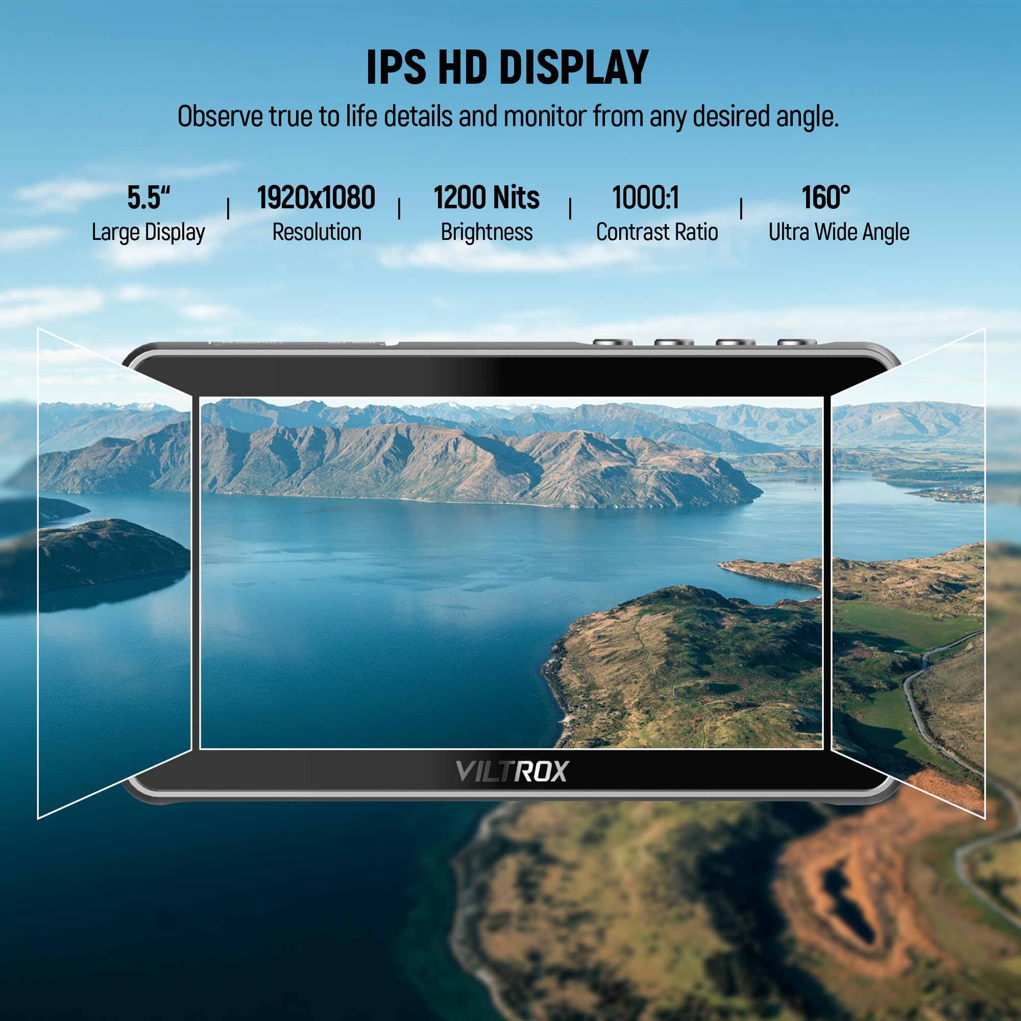 VILTROX DC-550 Pro 5.5 Inch 4K HDMI Touchscreen DSLR Camera Field Monitor - 1200 Nits Brightness, 3D LUT, HD 1920x1080, Focus Peaking Assist - with Battery & Sunshade Hood - Perfect for Outdoor Filming, Vlogging, and Professional Video Production