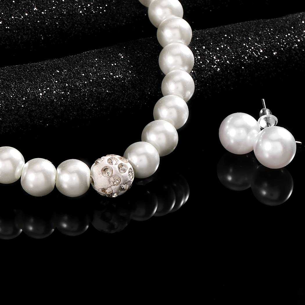 Elegant Bridal Pearl Necklace Set - Silver Crystal Rhinestone Jewelry for Women | Wedding, Prom, Party & Special Occasion Accessories