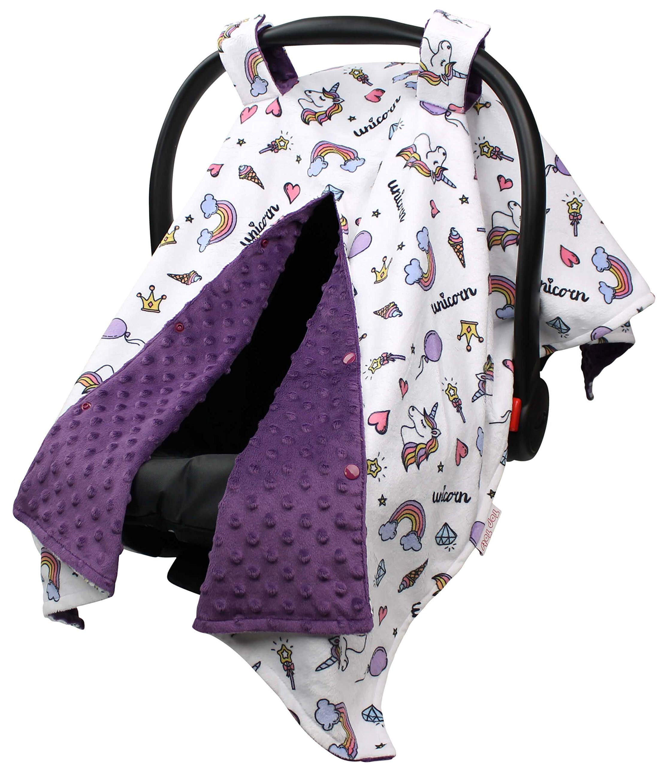 Baby Car Seat Canopy Cover - Soft Purple Minky Dot with Unicorn & Rainbow Design | Universal Fit for Infant Car Seats | Perfect for Travel, Shopping & Outdoor Protection