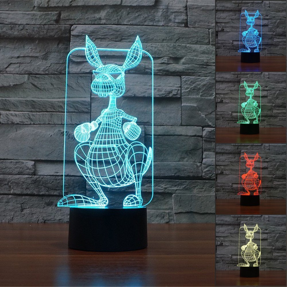 3D Kangaroo Night Light - Touch Control LED Table Lamp with 7 Color Changing Modes, Optical Illusion Desk Decor for Kids Room, Nursery, Christmas Gift & Home Decoration