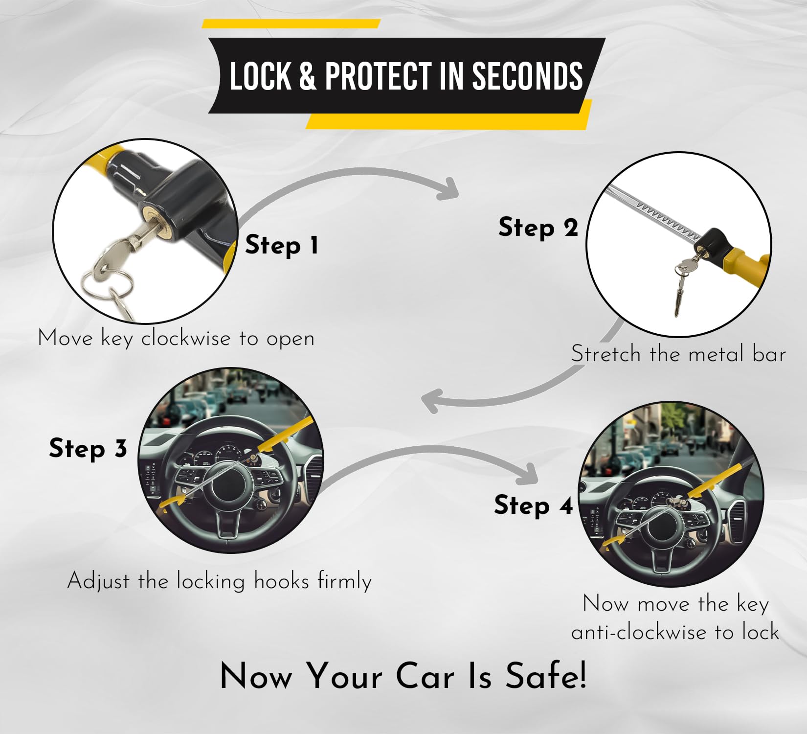 Ultra Secure Anti-Theft Car Steering Wheel Lock - No Scratch Dual Hooks & Double Metal Bars for Cars & Trucks | Perfect for Parking Security & Vehicle Protection