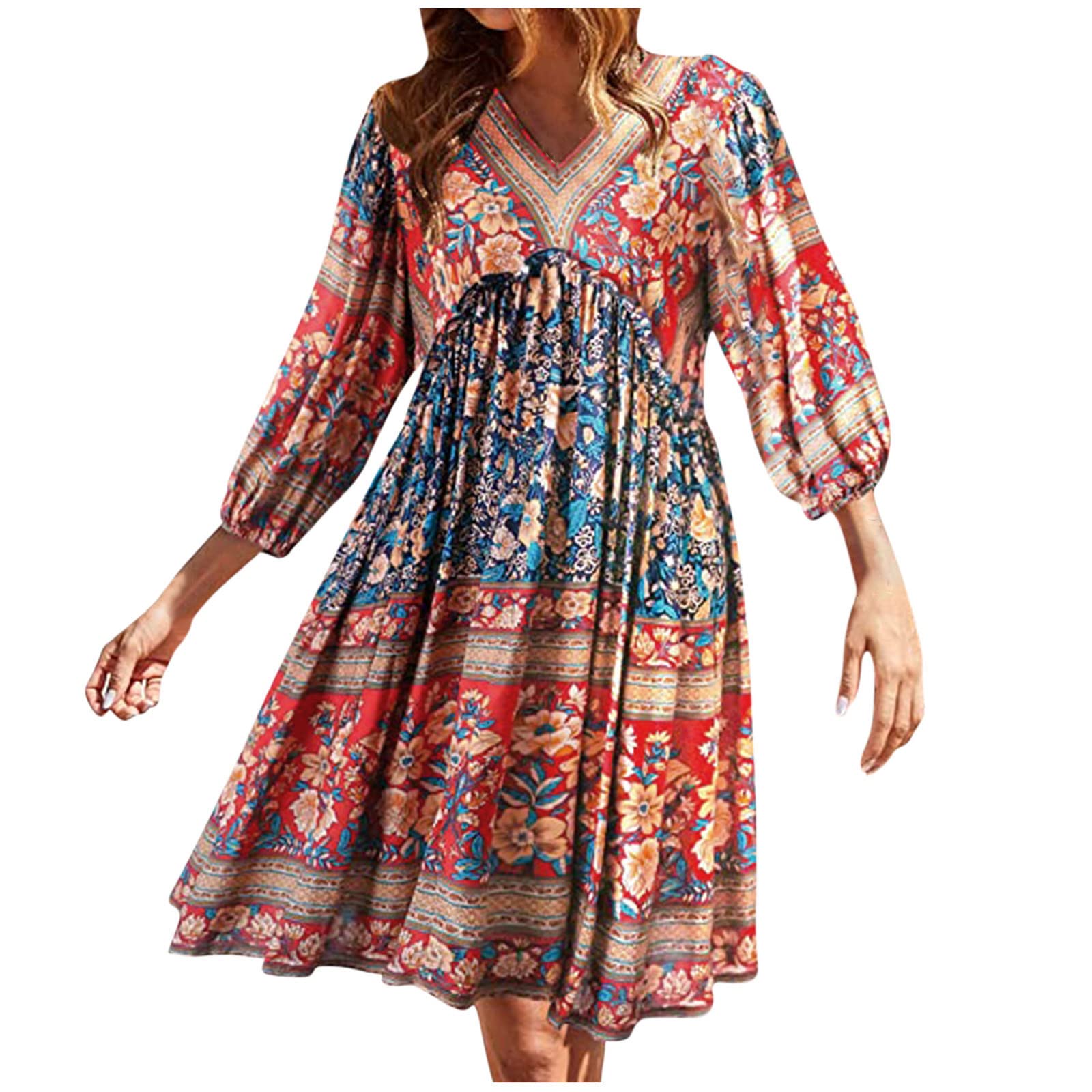 Women's Floral Boho Mini Dress - V Neck 3/4 Sleeve Ruffle Summer Dress | Flowy Pleated Babydoll Style for Beach, Vacation & Casual Wear | Elegant Tiered Dress for Spring & Summer Outings