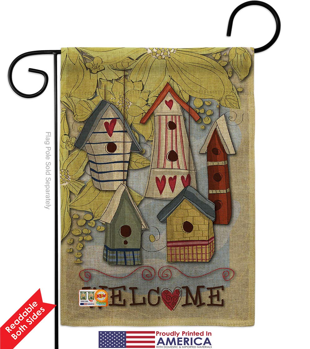Farmhouse Style Welcome Birdhouse Village Burlap Garden Flag Set with Stand - Double-Sided 13x18.5 Inch Outdoor Decorative Yard Banner - USA Made Home & Garden Gift for Spring, Summer, Fall Decor - Perfect for Porch, Patio, Front Yard & Farmhouse Style Gardens