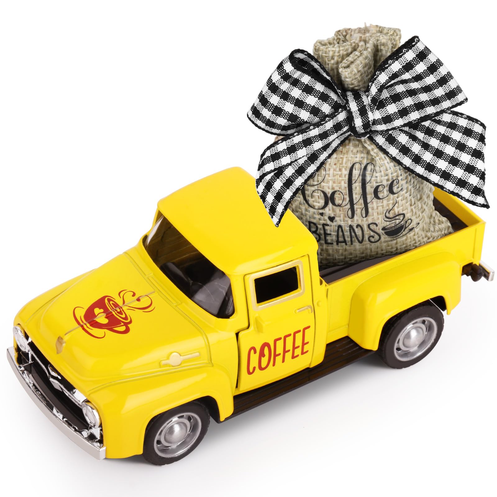 Vintage Metal Coffee Truck Decor with Coffee Beans & Burlap Sack - Mini Diecast Pickup Truck for Coffee Bar, Farmhouse Kitchen, or Tabletop Display - Perfect for Home Coffee Station & Rustic Decor (Yellow)