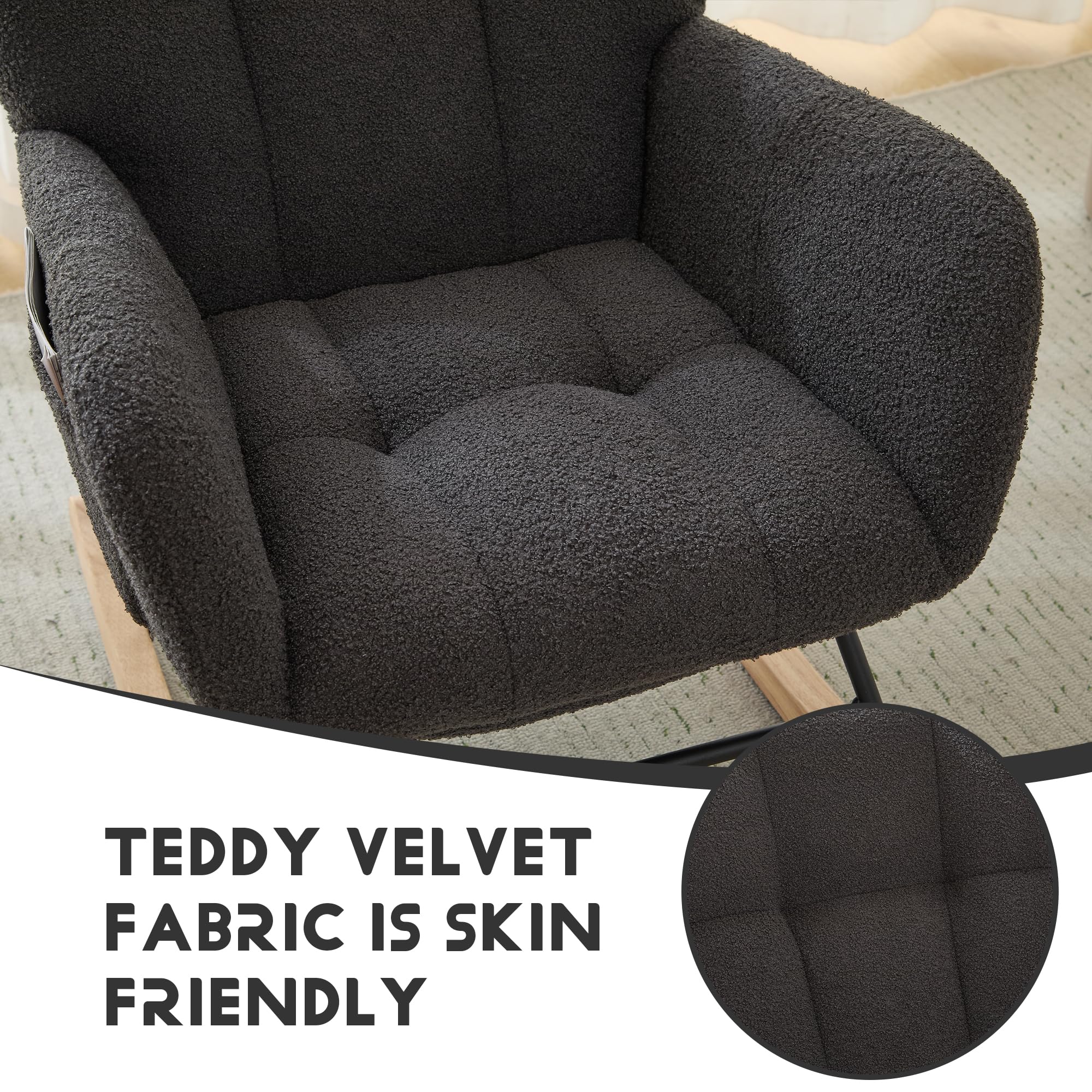 Comfy Teddy Upholstered Glider Rocking Chair with Footrest & High Backrest - Nursery Rocker with Side Pocket for Living Room, Bedroom, Office (Large Grey) | Perfect for Nursing, Reading & Relaxing