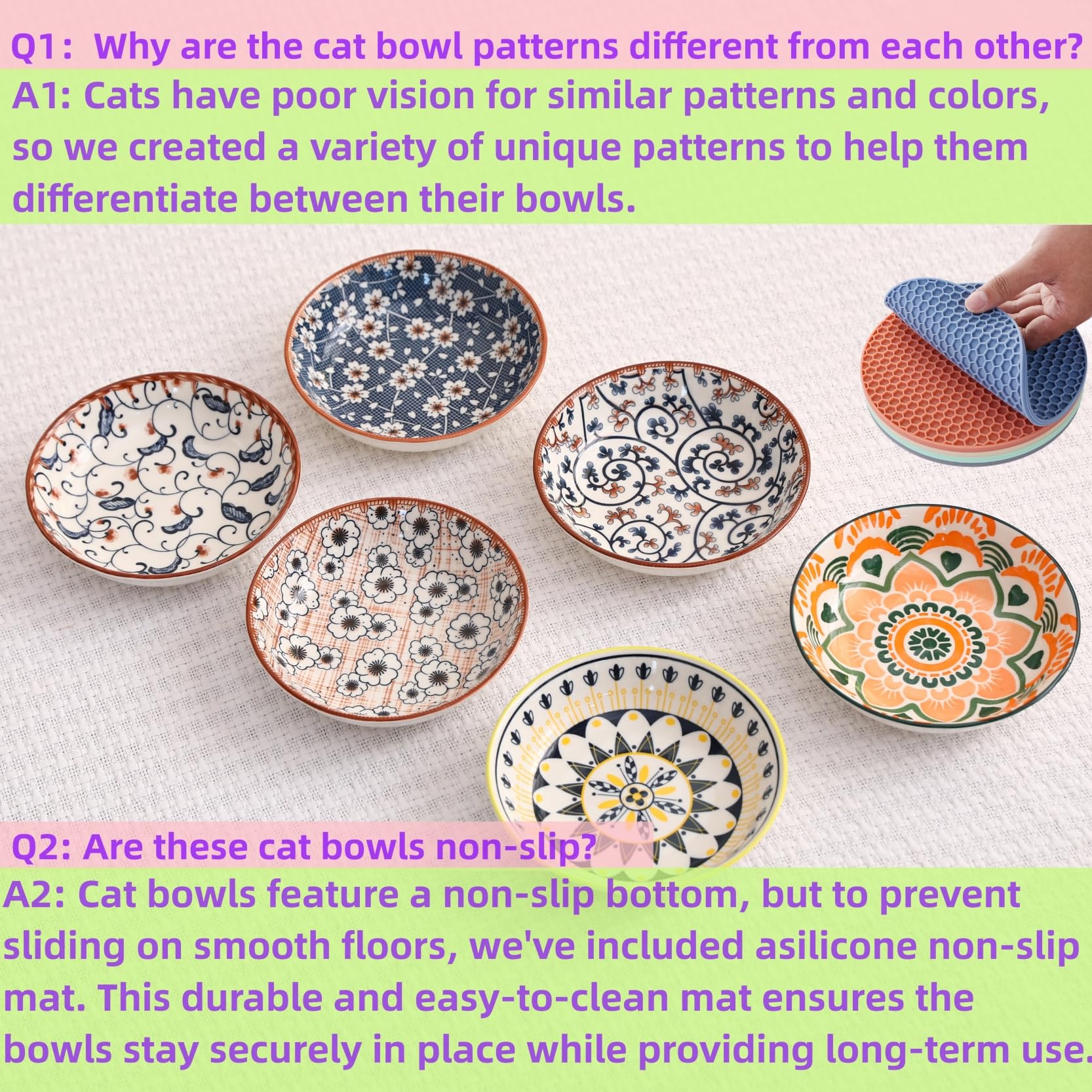 Premium Ceramic Cat Bowls Set of 6 - 5.5 Inch Whisker Friendly Cat Food Dishes for Indoor Cats, Shallow Wet Food Plates to Prevent Whisker Fatigue - Perfect for Kittens & Adult Cats at Home or Vet Visits
