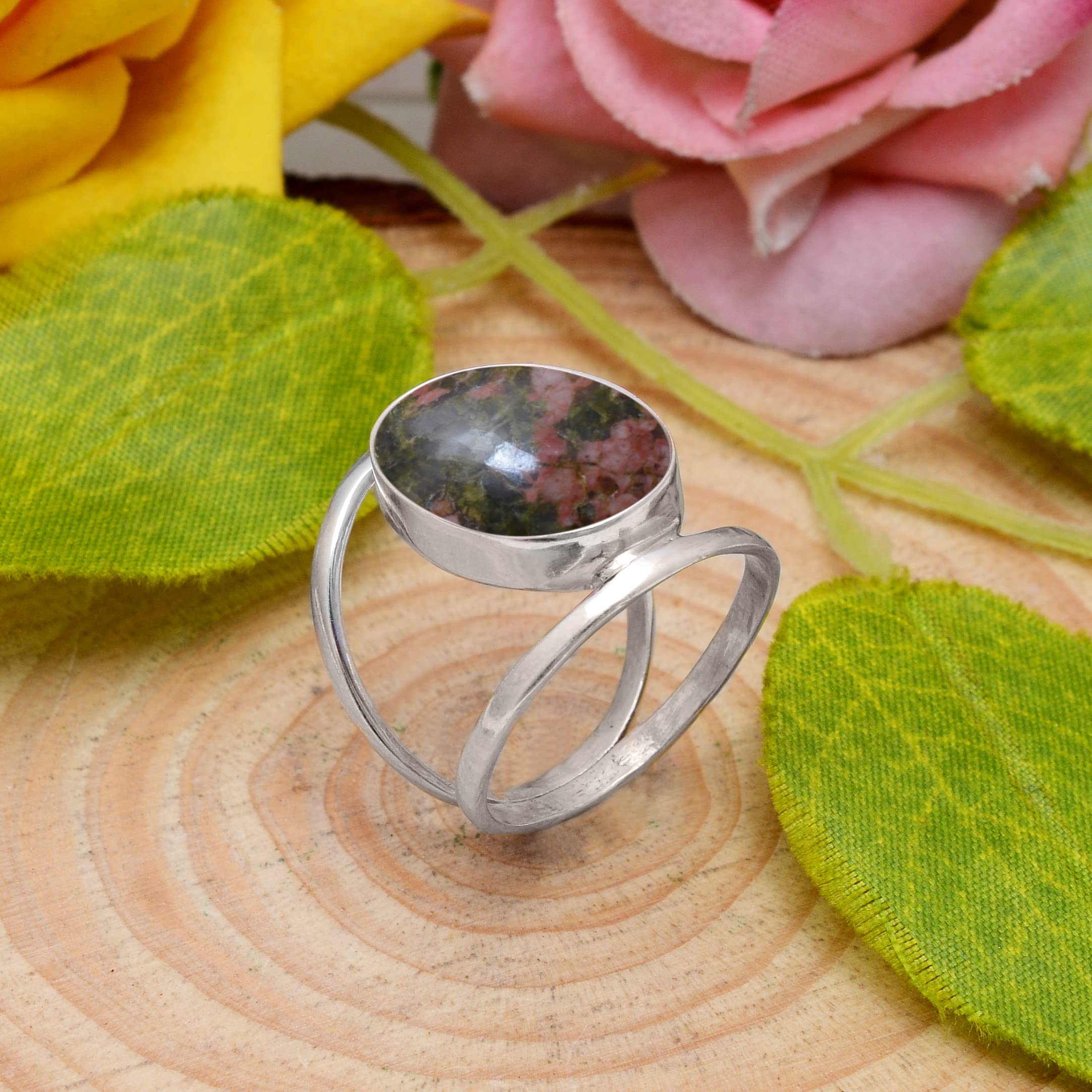 Veracity Jewelry 925 Sterling Silver Unakite Jasper Ring for Women - Natural Orange Green Red Healing Gemstone Meditation Jewelry - VSR-395 | Perfect for Yoga, Spiritual Healing & Everyday Wear