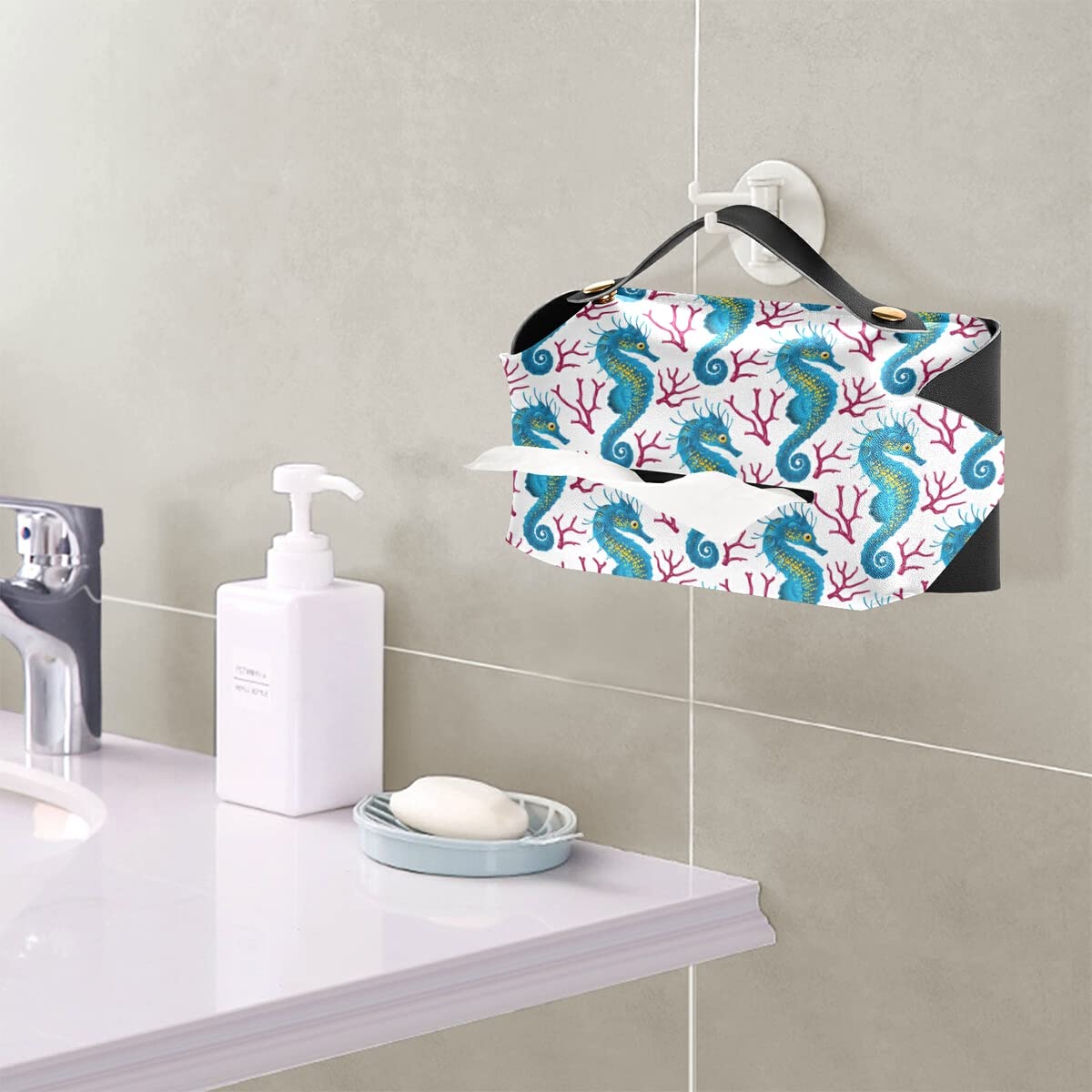 Seahorse Pink Coral PU Leather Tissue Box Cover - Rectangle Facial Tissue Holder with Hanging Loop for Bathroom, Bedroom Nightstand & Office Desk Decor