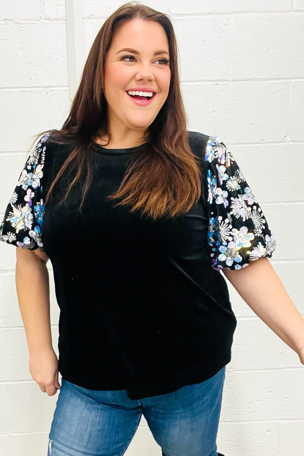 Glamorous Black Floral Sequin Puff Sleeve Velvet Top for Women | Elegant Party Blouse | Perfect for Evening Events, Date Nights & Special Occasions
