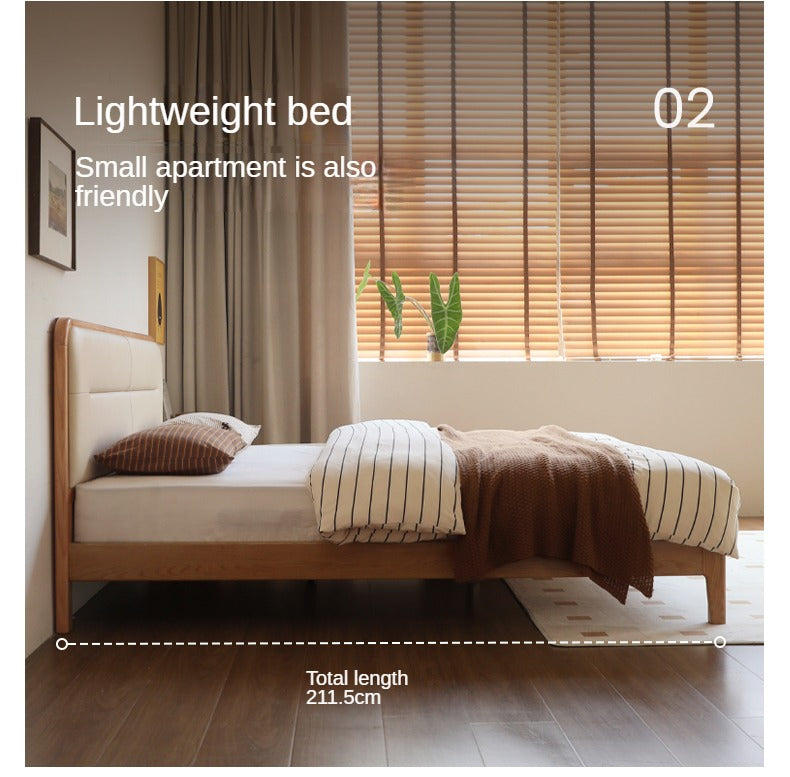 Solid Oak Wood Leather Upholstered Soft Bed - Queen Size, Modern Platform Bed Frame with Headboard for Bedroom, Living Room, Guest Room