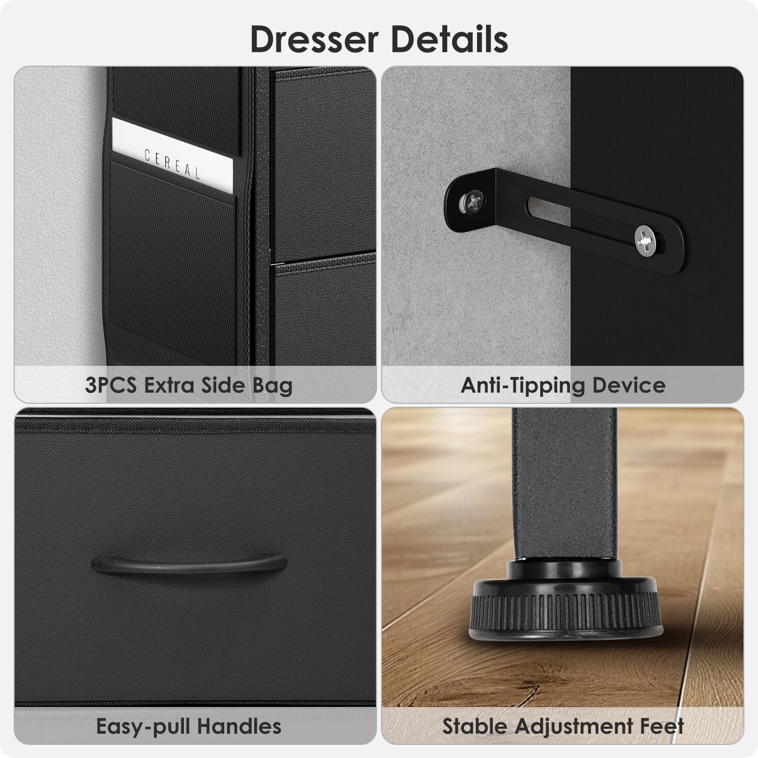 Modern Black 6-Drawer Wood Dresser with LED Lights & USB Charging Station - Bedroom Storage Cabinet with Extra Side Bag & Double Wide Drawers - TV Stand for 60