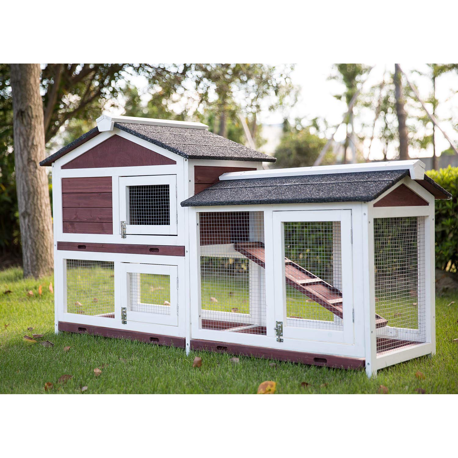Premium Wooden Rabbit Hutch & Guinea Pig Cage with Ramp, Removable Tray & Run Area - Indoor/Outdoor Small Animal House for Rabbits, Hamsters, Chinchillas - Perfect for Backyard, Patio or Pet Room Decor