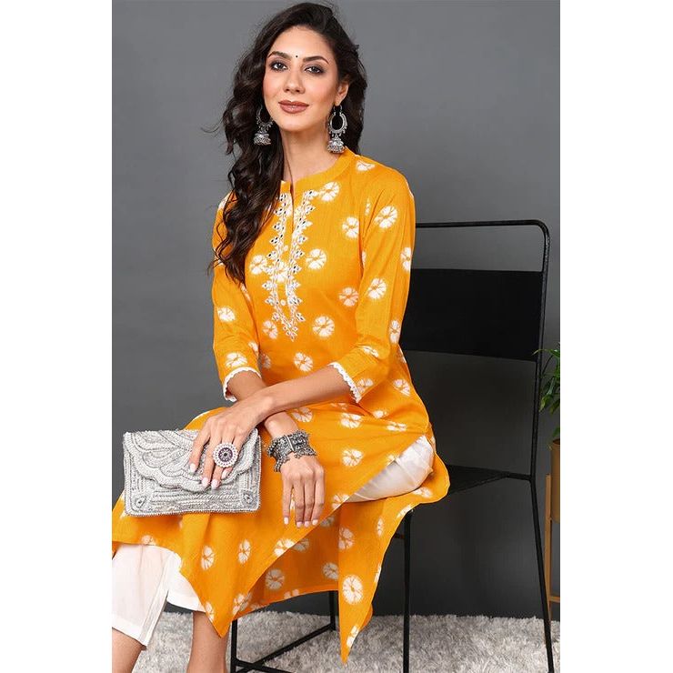 Stylish Yellow Cotton Embroidered Ethnic Motif Straight Kurta for Women | Traditional Indian Tunic Top | Perfect for Festivals, Weddings & Casual Wear