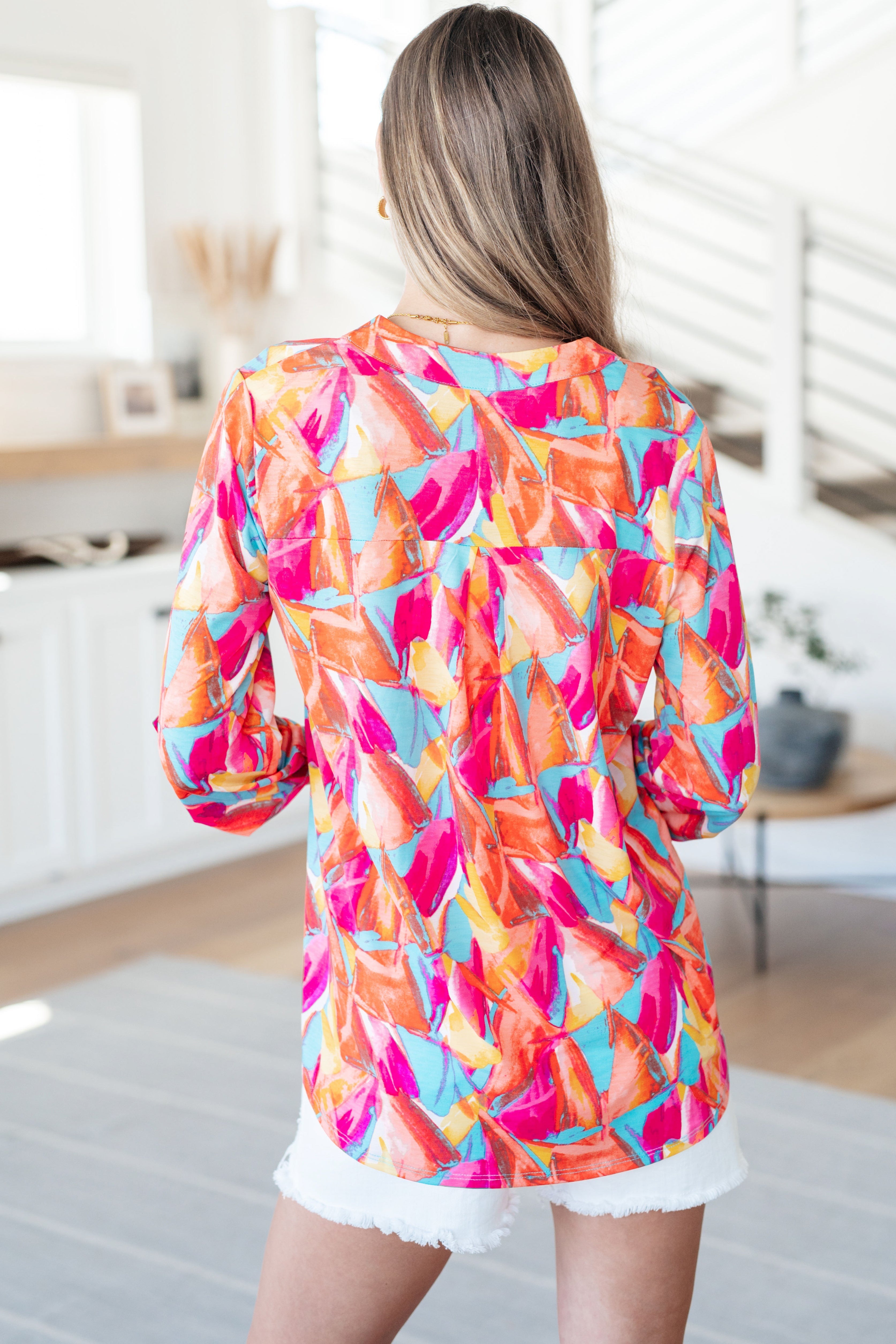 Lizzy Women's Teal & Hot Pink Abstract Fan Print Top - Stylish Casual Blouse for Summer Outings, Beach Vacations & Date Nights