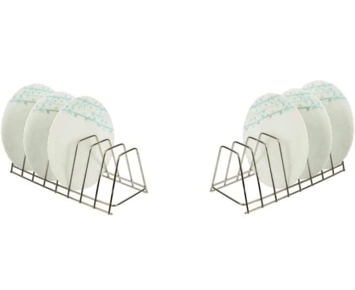 Stainless Steel Plate Rack & Dish Drying Rack - 6 Section Kitchen Organizer with Lid Holder, Utensil Storage (Silver, 2 Pack, 20x10x10cm) | Perfect for Kitchen Counter, Dining Table & Cabinet Organization