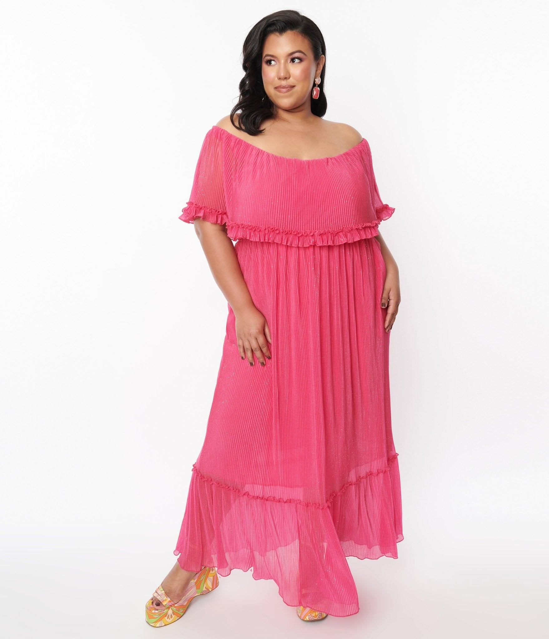 Vintage 1970s Fuchsia Pleated Chiffon Maxi Dress for Women - Retro Boho Hippie Style Summer Beach Party & Wedding Guest Outfit