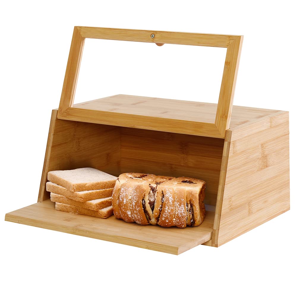 Bamboo Bread Box with Clear Window - Large Kitchen Storage Container for Bread, Sandwich, Muffins | Includes Bonus Cutting Board | Natural Wood Countertop Organizer for Fresh Bakery Storage