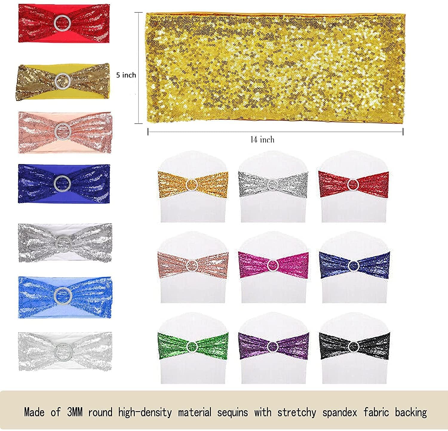 50pcs Red Sequin Chair Sashes - Stretch Spandex Chair Bands with Buckle for Wedding, Banquet, Birthday, Graduation, Anniversary & Prom Decorations - Perfect for Party Chair Decor and Celebration Events