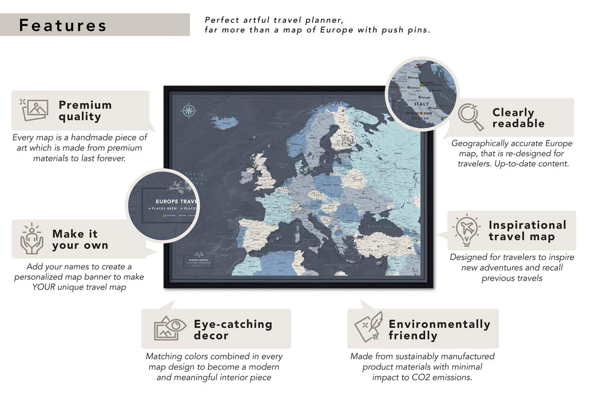 Personalized Framed Travel Map of Europe with Push Pins - Customizable Detailed Wall Map for Home & Office Decor - Perfect for Travel Memories, Gifts & Adventure Planning