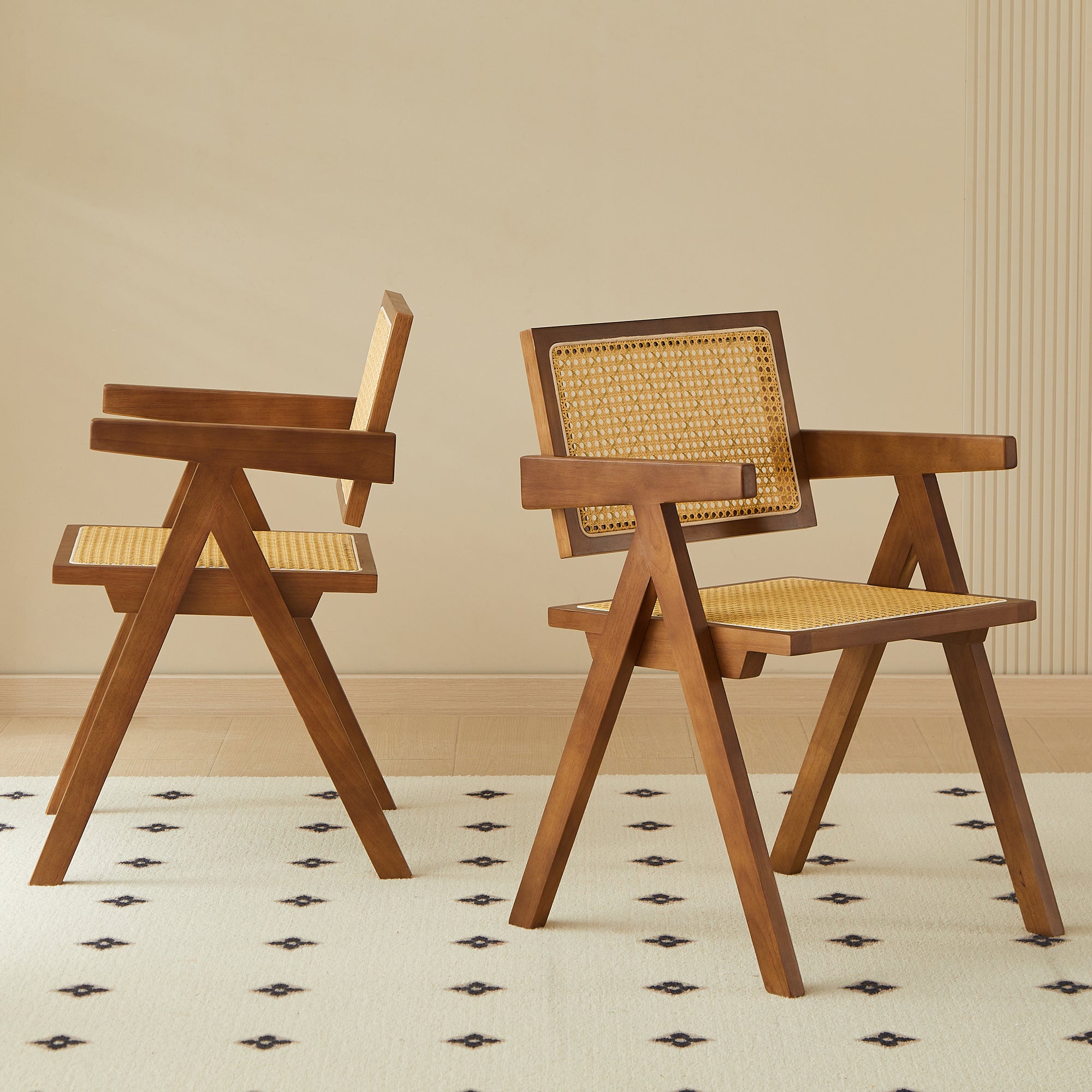Solid Wood Dining Chairs with Armrests - Natural Rubber Wood & Rattan Woven Design for Kitchen, Dining Room, or Outdoor Patio