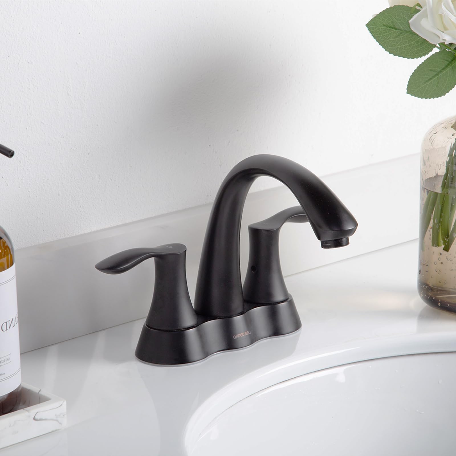 Matte Black Bathroom Faucet - Lava Odoro 4 Inch Centerset Bathroom Sink Faucet with 2 Handles & Pop-Up Drain Assembly - Perfect for Vanity & Powder Room Renovations