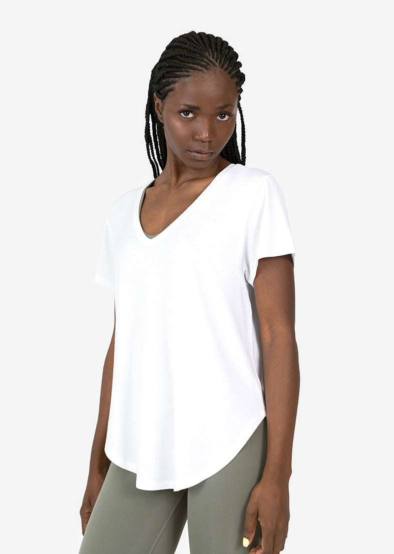Elevate Aloe Reversible Slouch Tee - Soft White Cotton Blend Top for Women | Casual Wear, Layering & Everyday Comfort
