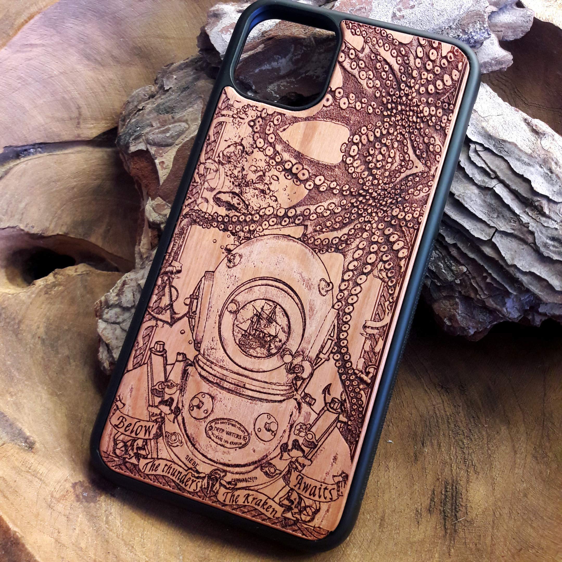 Premium Wooden Phone Case for iPhone 16/15/14/13/12/11 Pro Max/Mini & Galaxy S25/S24/S23/S22/S21/S20 Ultra Plus - Laser Engraved Deep Diver Design, Eco-Friendly Slim Protective Cover - Perfect for Outdoor Adventures & Daily Use