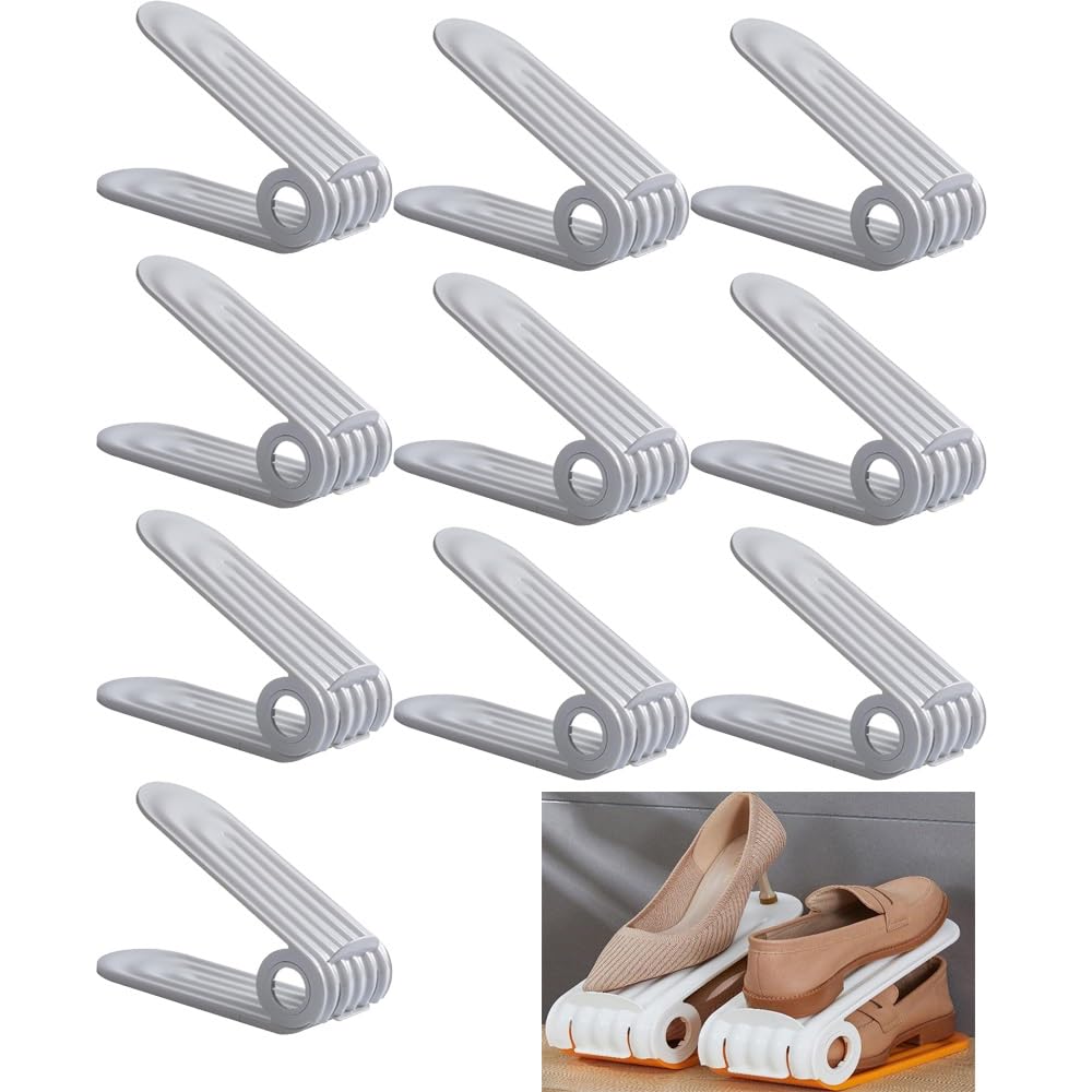 10-Pack Adjustable Shoe Organizer Stacker - Space Saving Double Deck Shoe Storage Rack with Slots - White | Perfect for Closet, Entryway & Dorm Organization