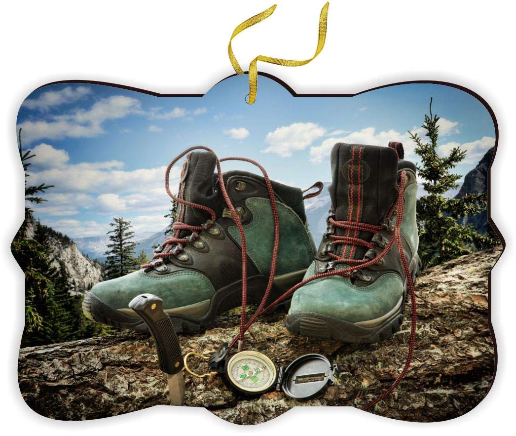 Pink Hiking Boots Christmas Ornament with Compass & String - Car Rearview Mirror Hanging Decor for Travel Enthusiasts - Perfect Holiday Gift for Hikers & Outdoor Lovers