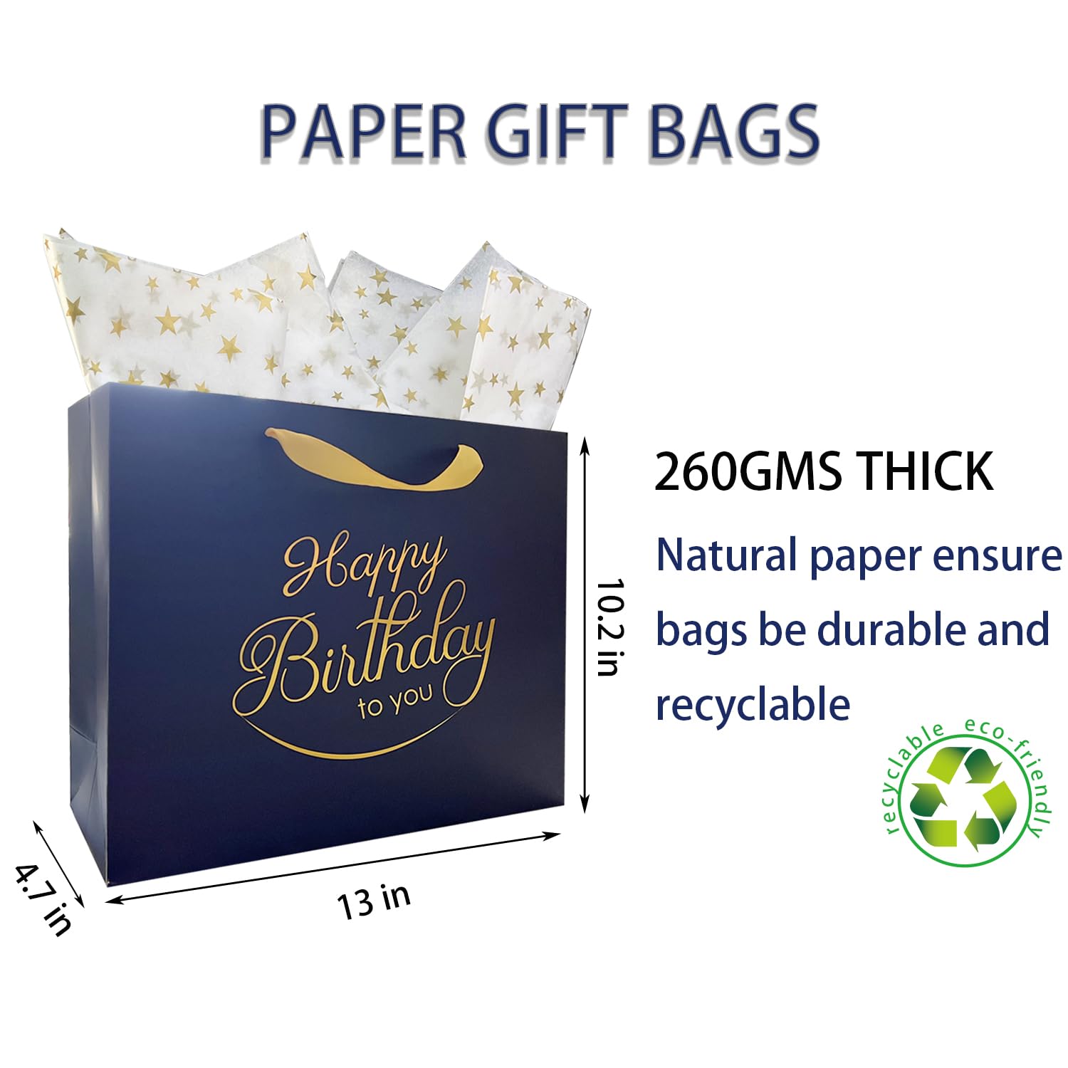 AMROSE Large Recyclable Birthday Gift Bags with Greeting Card & Tissue Paper - Navy Blue Party Favor Bags for Birthdays, Baby Showers & Special Occasions