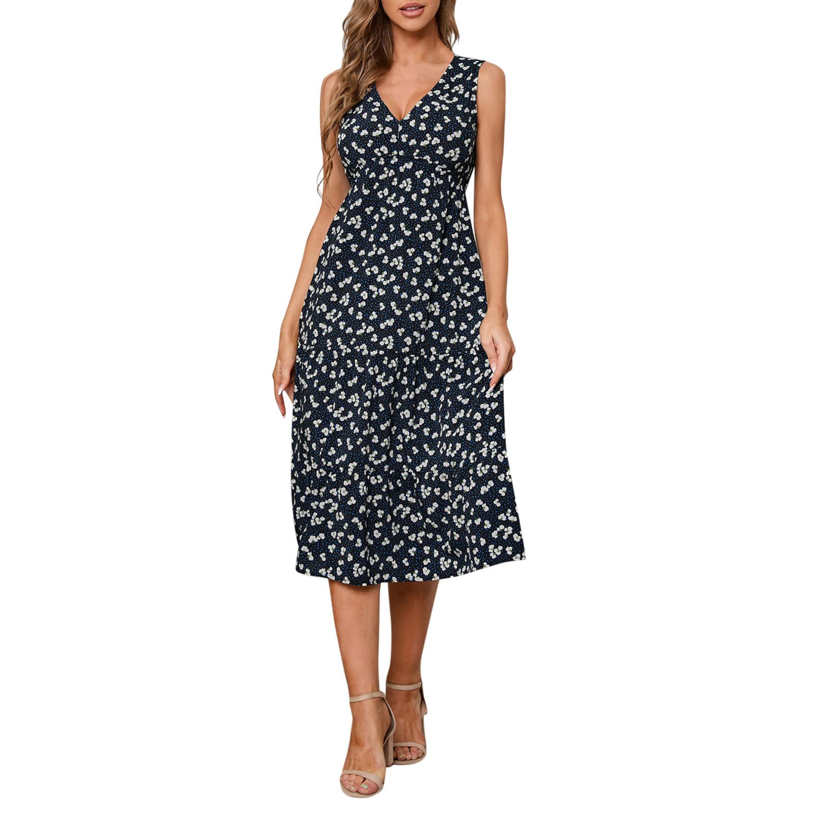 2022 Women's Summer Floral Print V-Neck Sleeveless Casual Dress - Cold Shoulder Short Sleeve Maxi Dress with Pockets | Perfect for Beach Vacations, Outdoor Parties & Summer Getaways