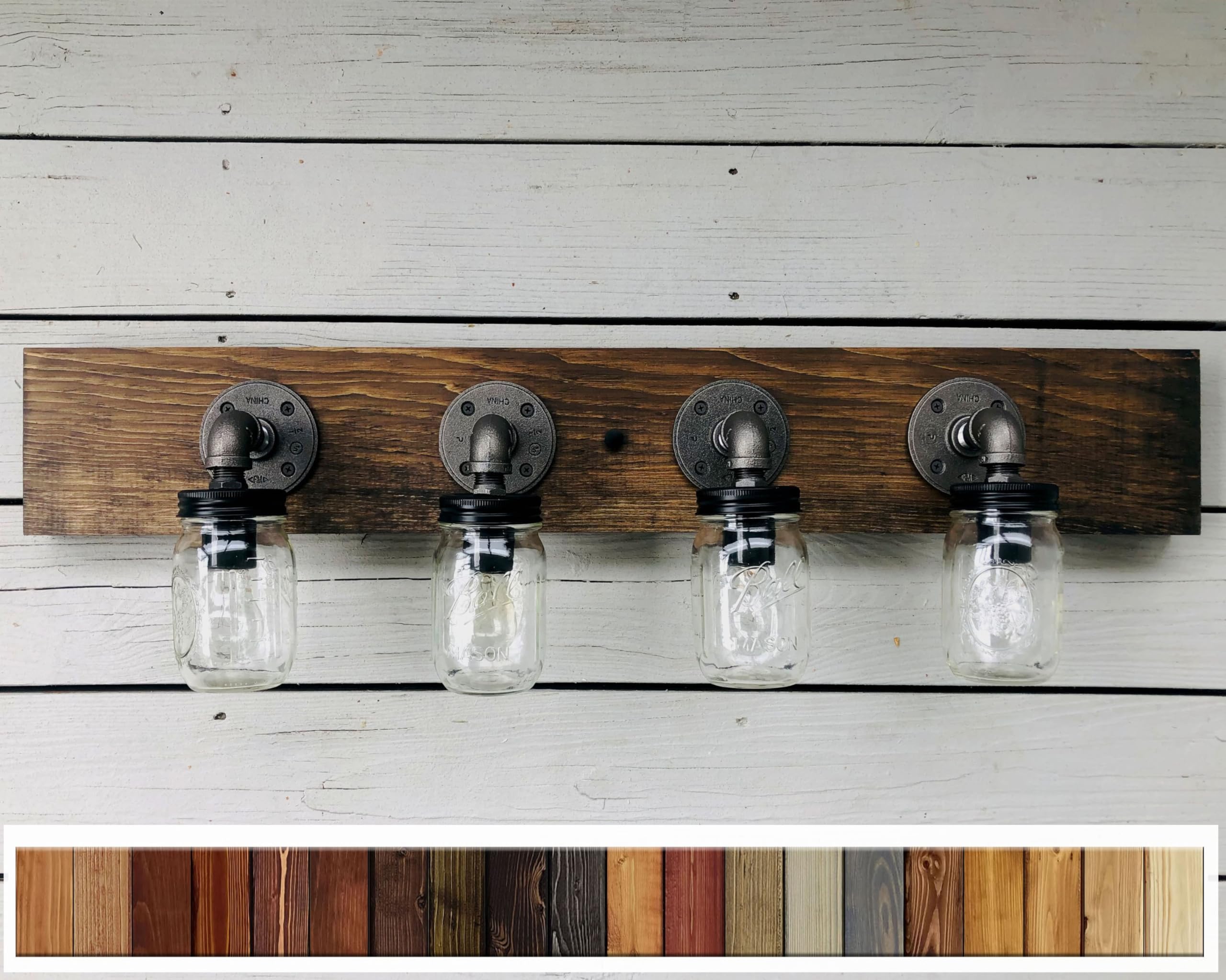Aberdeen 2, 4 or 6 Mason Jar Bathroom Vanity Light Set - Farmhouse Rustic Wood & Steel Fixture with Glass Shades (3 Size Options) - Perfect for Bathroom, Powder Room or Farmhouse Decor Lighting