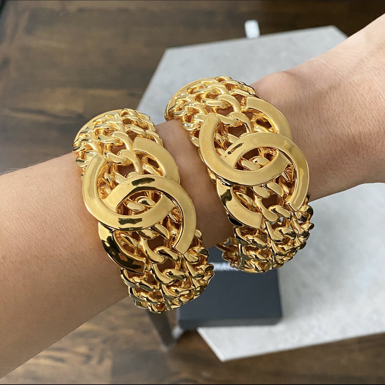Chanel 2020K CC Gold Braided Chain Hinge Clamper Cuff Bracelet for Women - Luxury Fashion Jewelry Gift for Birthday, Anniversary & Special Occasions